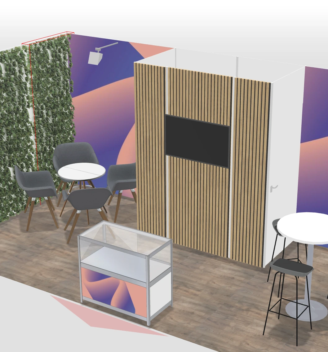 Gielissen project recording. The booth can be viewed from different angles while the furnishing catalogue remains alongside it.