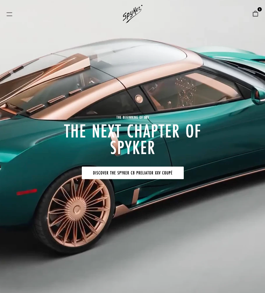 Spyker project recording. The C8 is told as one day of ownership: Lake Como at 08:00, the Stelvio Pass at 14:00 and Verona at 21:00. Scrolling drives the film, so the morning letterbox opens and the camera glides across the villa forecourt to the car.