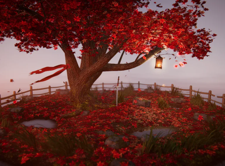 A red Japanese maple at dawn, with a glowing lantern, a red ribbon and a sword standing in the fallen leaves inside a timber fence.