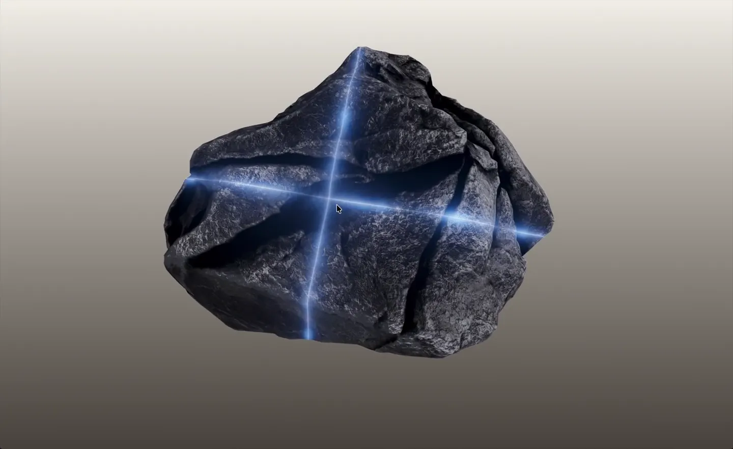 The earlier WebGPU experiment: blue laser lines cross a dark rock, which splits into four pieces with a red glow between them and then closes again.