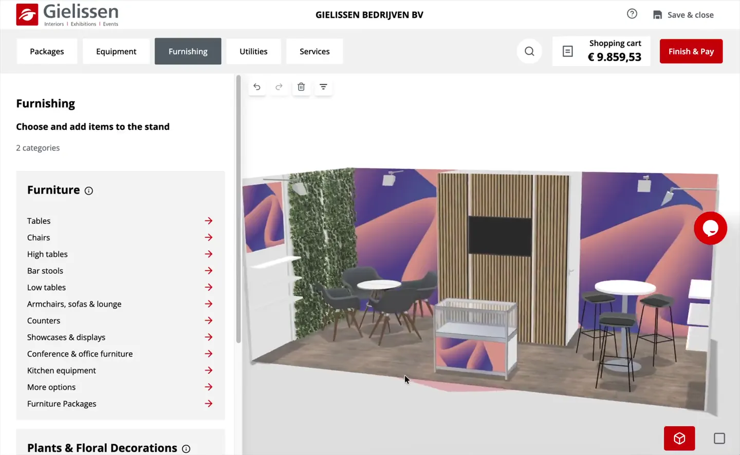 Gielissen configurator showing the full exhibition stand beside a furnishing catalogue.