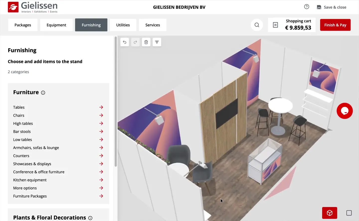 Elevated view of the Gielissen booth with seating, display counter and central wall.
