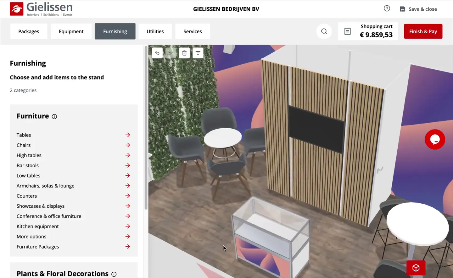 Closer view of lounge seating beside a timber display wall in the booth configurator.