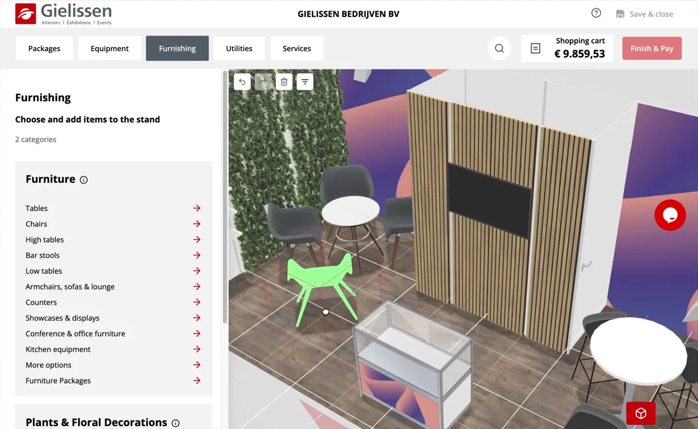 Selected lounge chair and round table inside the Gielissen booth preview.