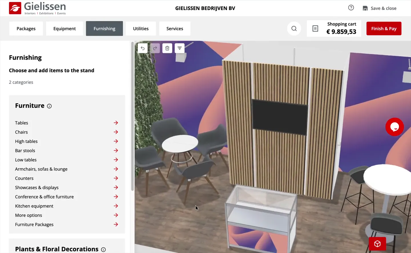 Detailed configurator view of the timber wall, screen, display counter and seating.