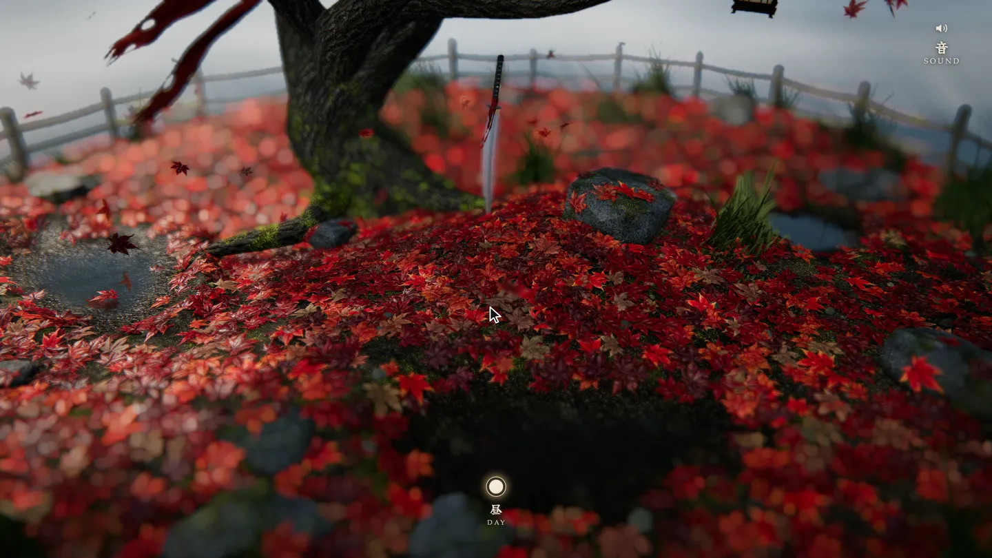 The cursor sweeping a path through the fallen maple leaves as the grass bends aside.
