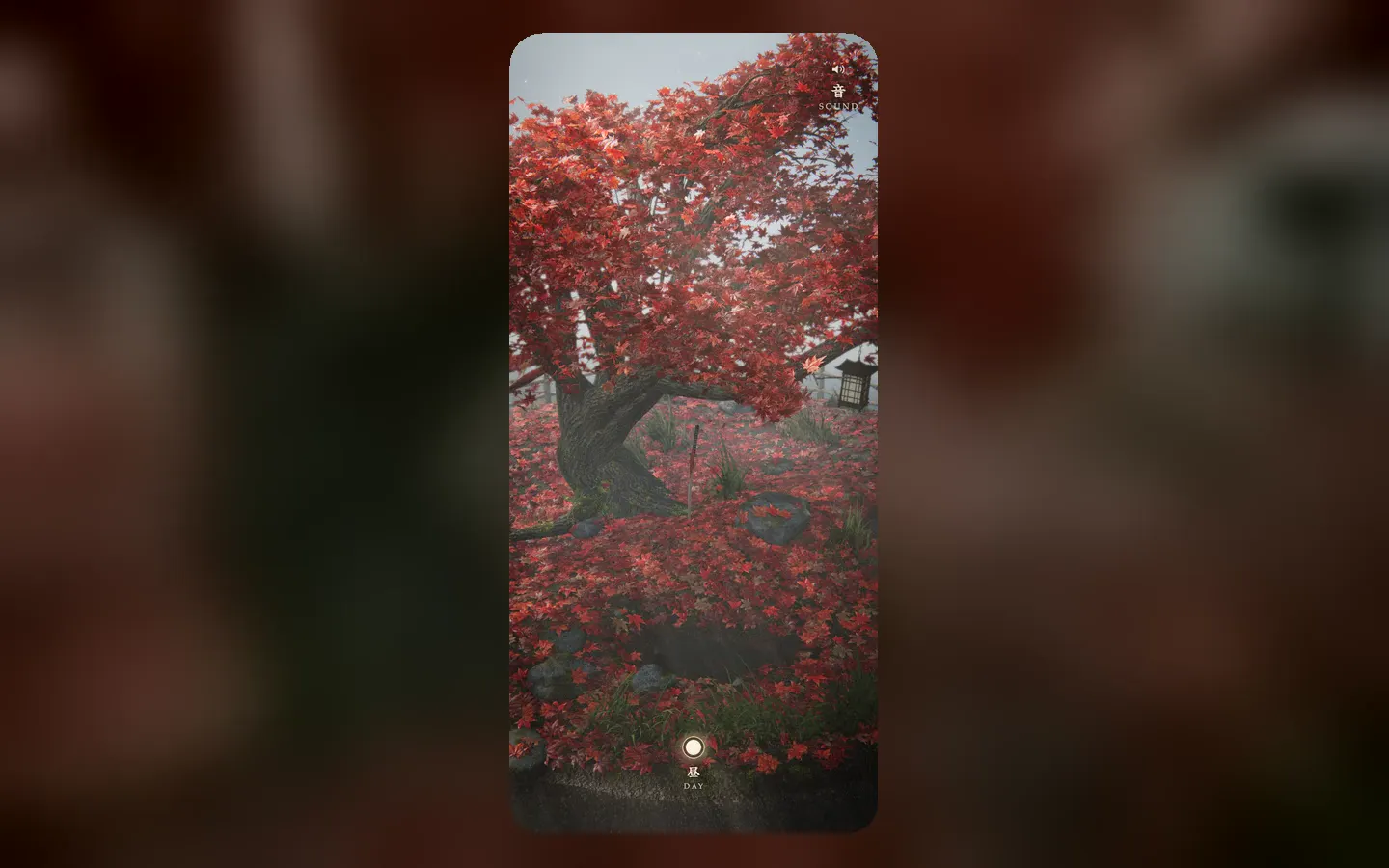 Momiji on a phone in portrait: taps scatter the leaves and knock the lantern.