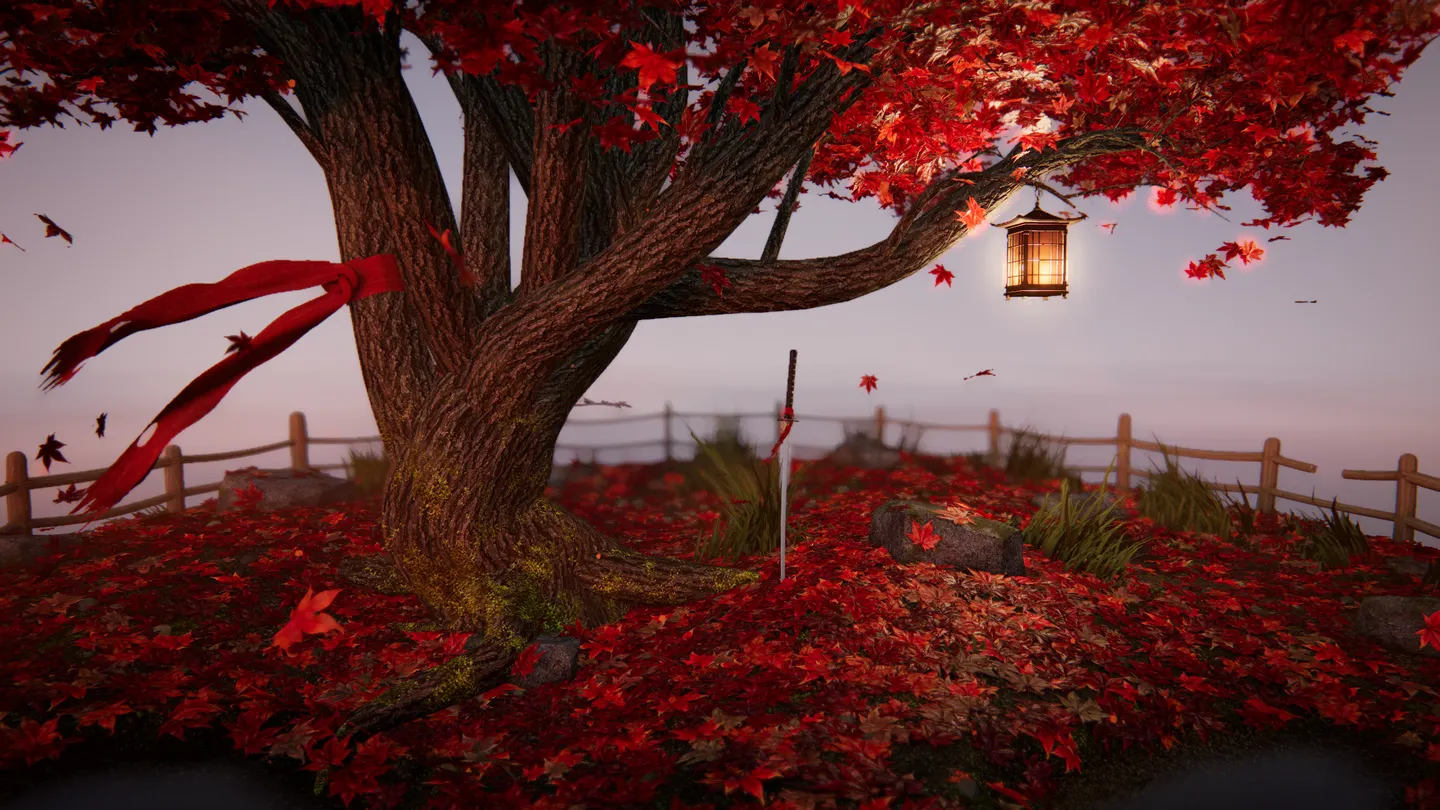 The maple's trunk, red ribbon and lit lantern at dawn under a pink sky.