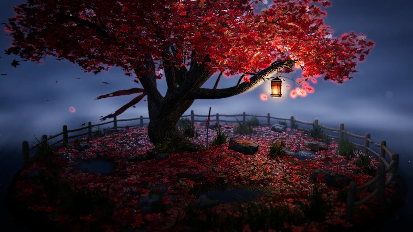 The maple at night under a blue sky, lit by its glowing lantern.