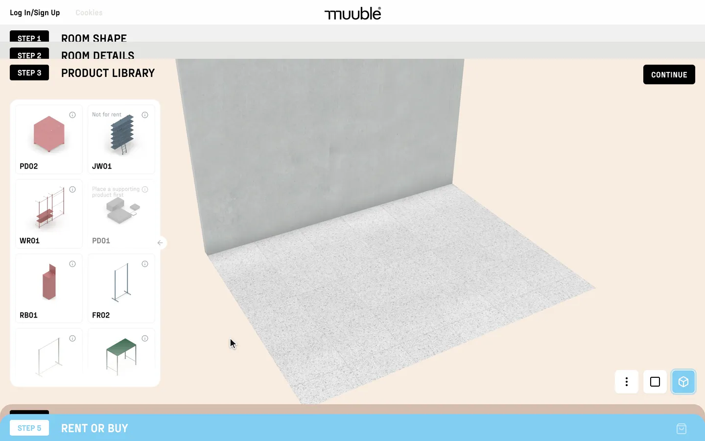 An empty terrazzo and concrete room: a rail goes in, a table follows with live distance guides to the rail, and a table-top display drops onto its target.