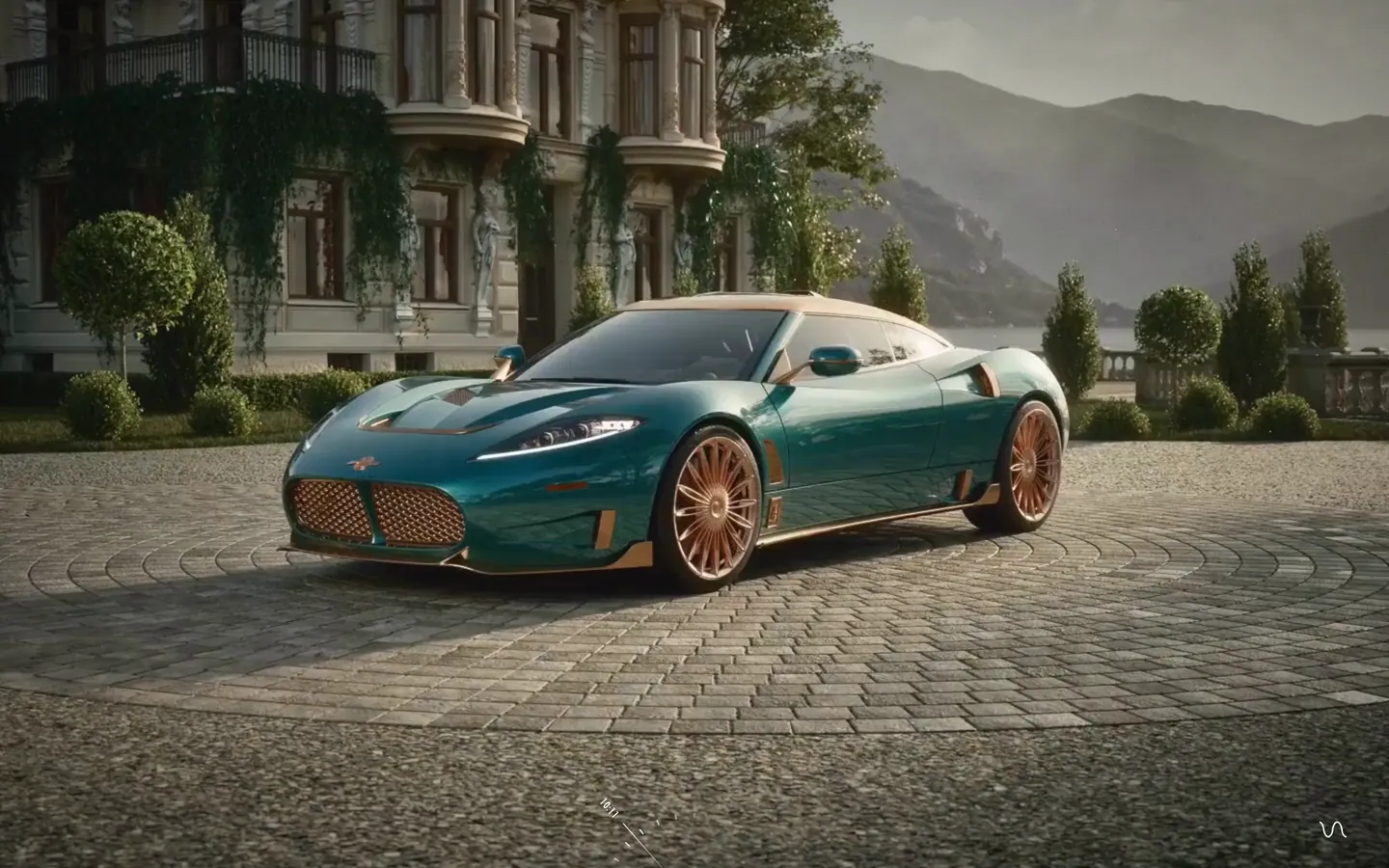 The teal C8 on the Lake Como villa forecourt as a white drawer of design notes slides in. The car orbits from front to rear while the cards glide from Colour with depth to Drawn from flight.