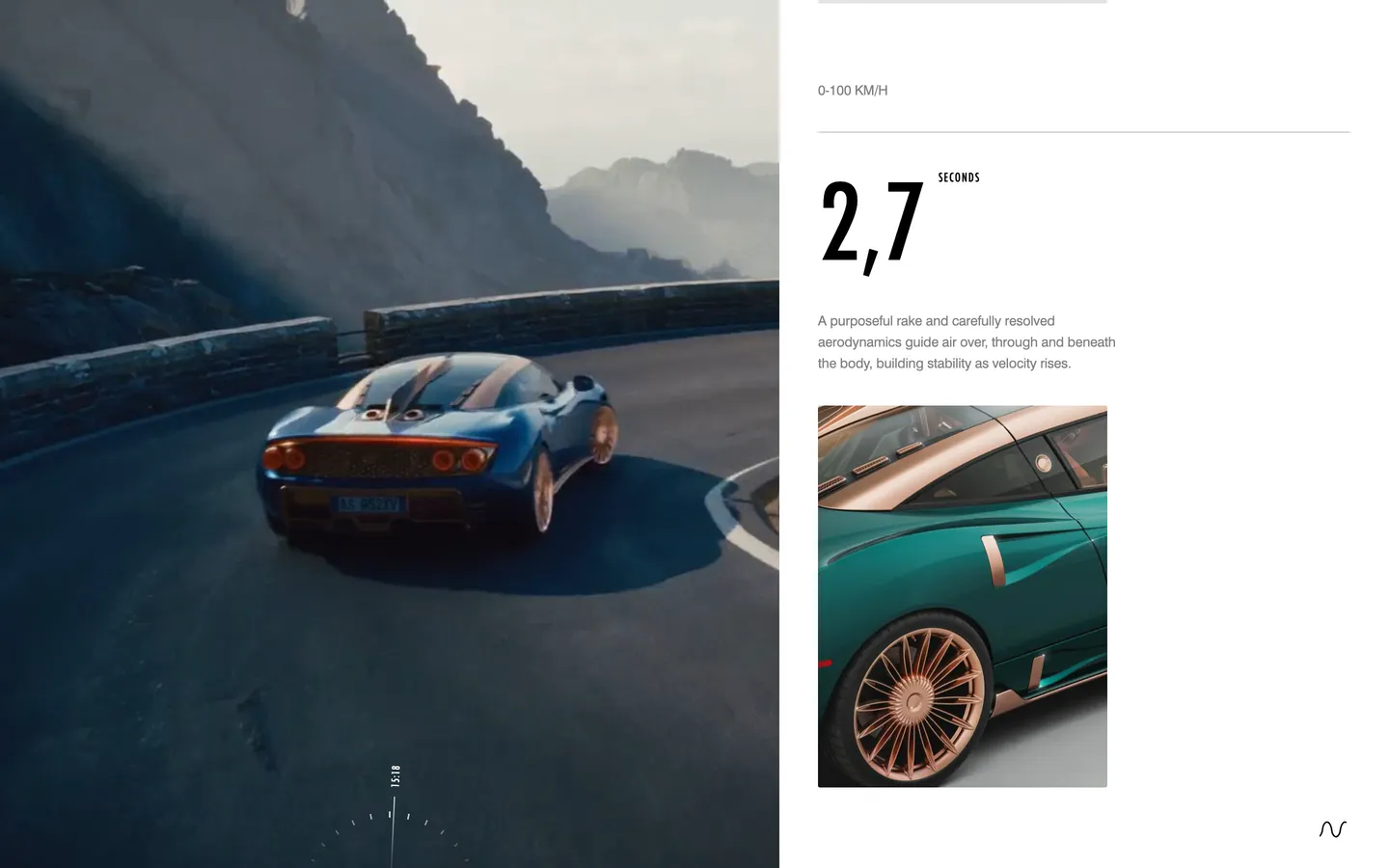 The Performance drawer wipes away as the afternoon film fills the screen: the blue C8 accelerates round a Stelvio hairpin, a copper wheel spins in close-up and flames flicker from the exhausts.