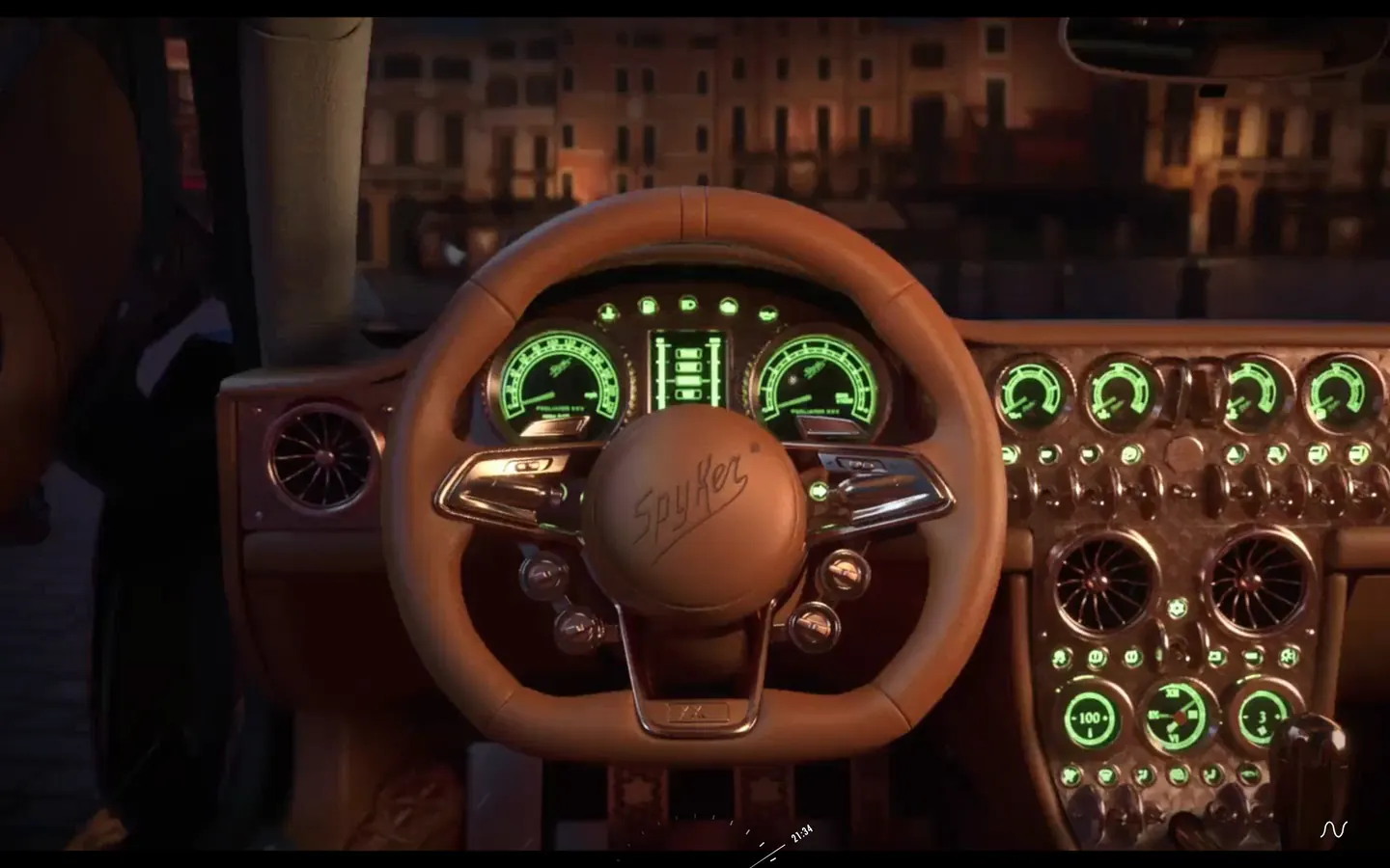 The camera pushes in on the steering wheel as the letterbox closes, a white Spyker script draws itself on the hub, and a ring of photo tiles blooms around the invitation to become one of 25 owners.