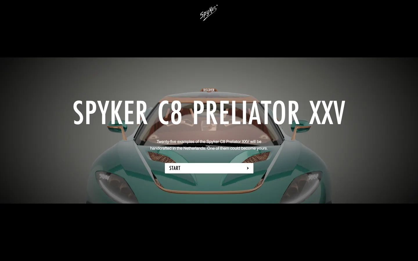 The configurator's letterboxed gate: Start is clicked, the bars slide away and the camera arcs from the front of the teal C8 to its three-quarter hero view as the price, step menu and hotspots appear.