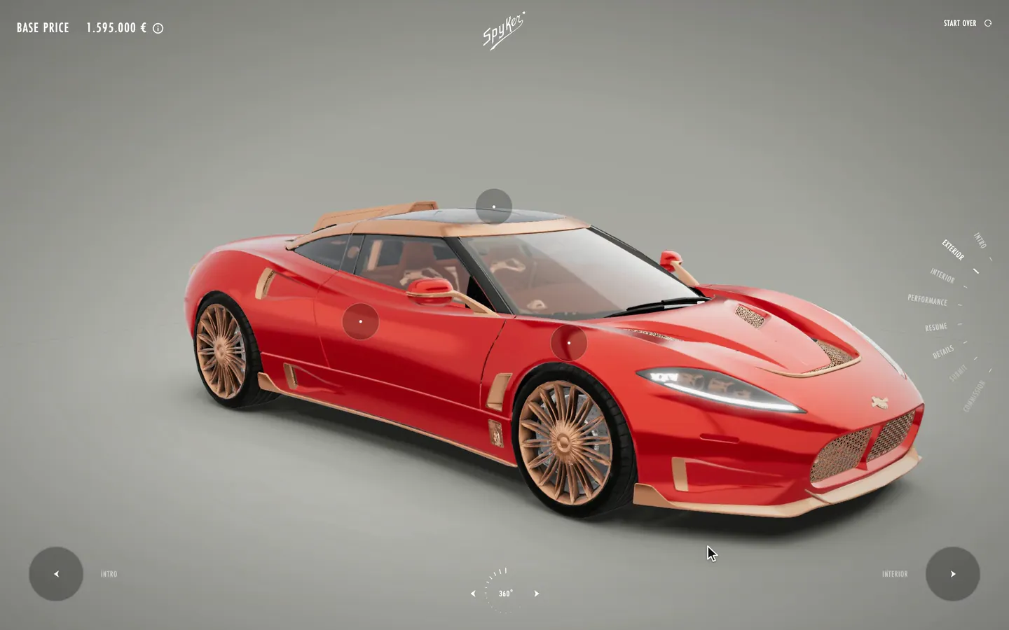 The Wheels hotspot pushes the camera in to the front wheel; the rose-gold rim turns black and the brake caliper yellow.