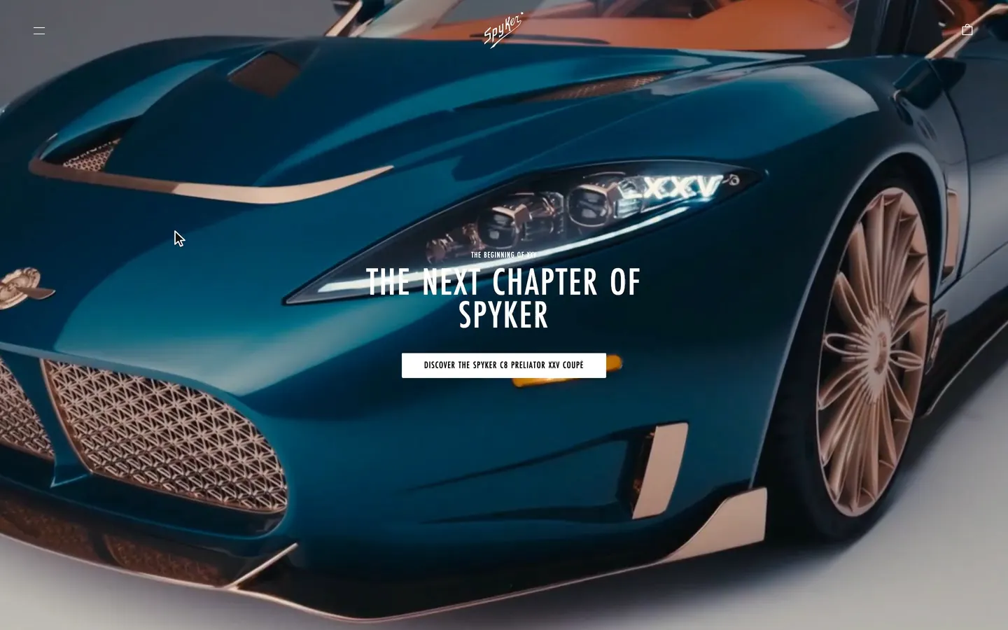The menu opens over the home hero with staggered links. Heritage is clicked, and the Spyker logo draws on white as the page changes to the Heritage timeline.
