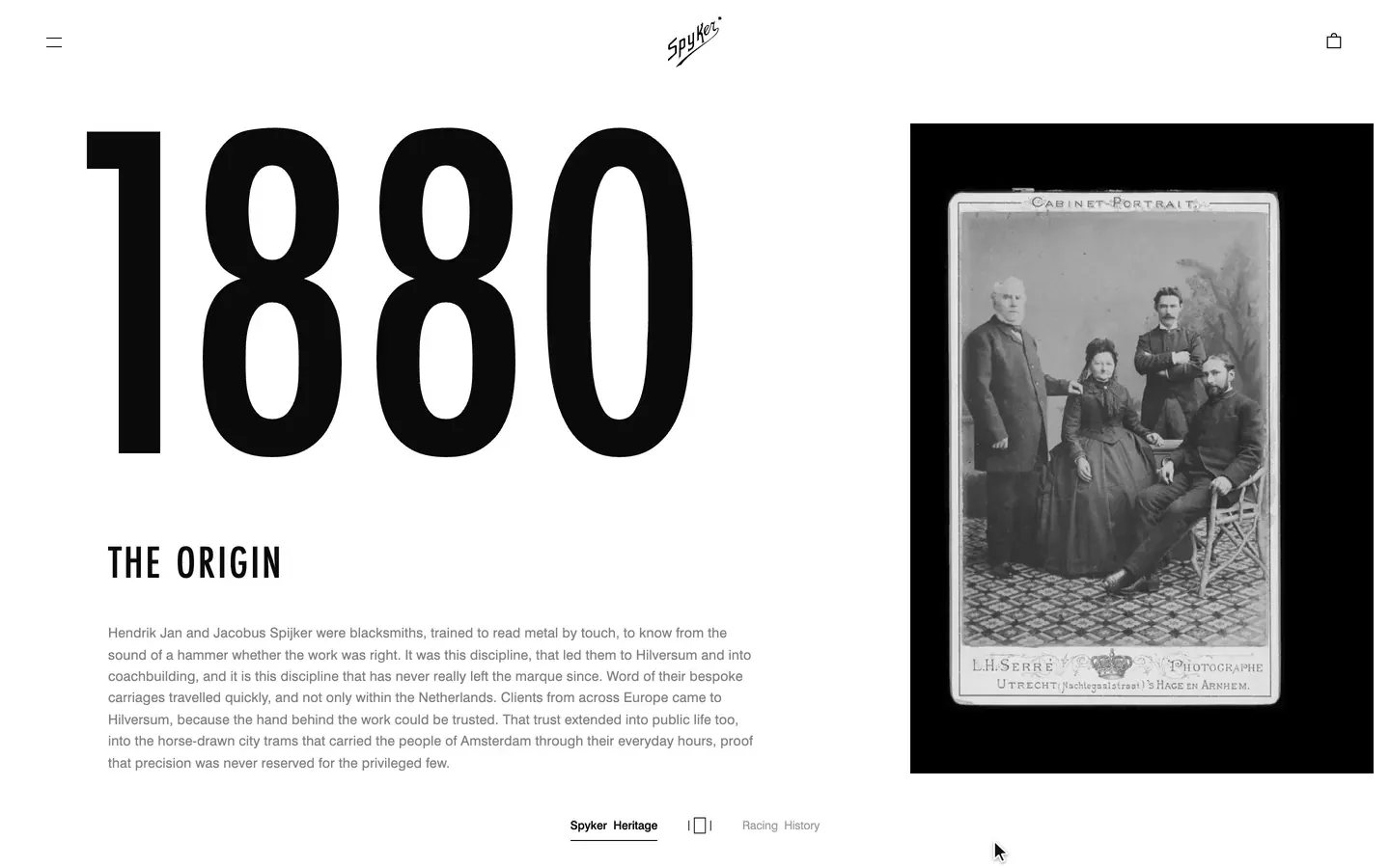 The Heritage timeline glides sideways from 1880 to a full-screen 1898 photograph of the Golden State Coach, which shrinks into an overview strip of the years that follow.